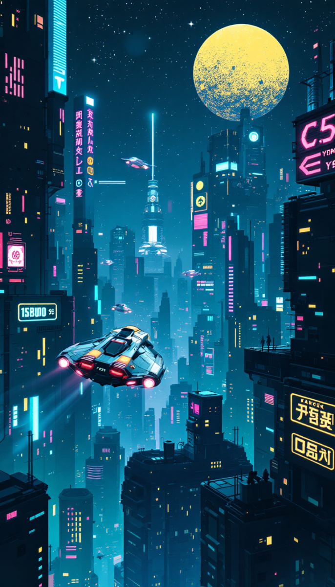 A futuristic skyline digital art featuring neon lights and flying vehicles in a vibrant cityscape.