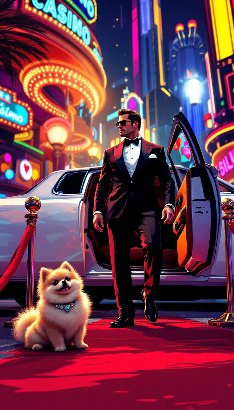 AI-generated GTA-style image of a man in a black tuxedo stepping out of a white limousine onto a red carpet outside a casino, with a Pomeranian in a jeweled collar at his feet.