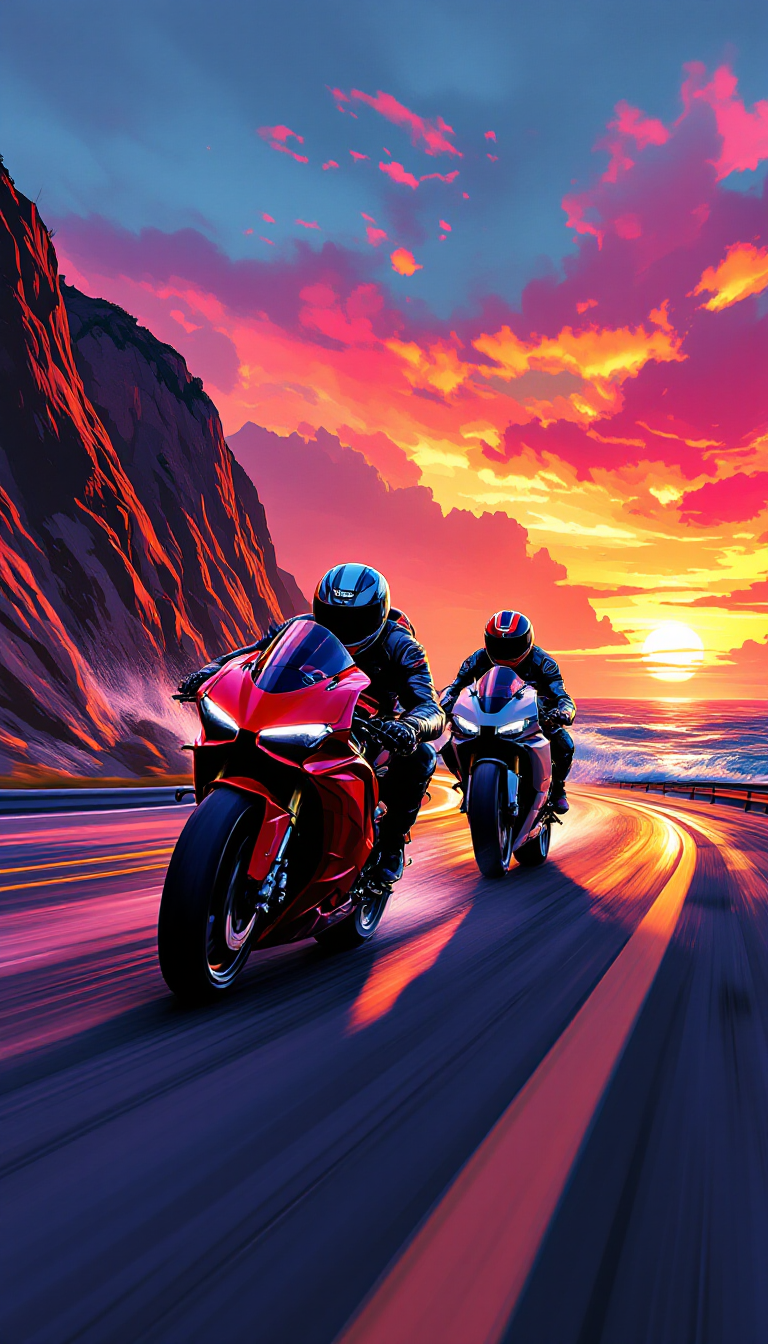 AI-generated GTA-style image of two motorcyclists on a red Ducati and silver Yamaha speeding along a coastal highway at sunset, with waves crashing below and a colorful sky.