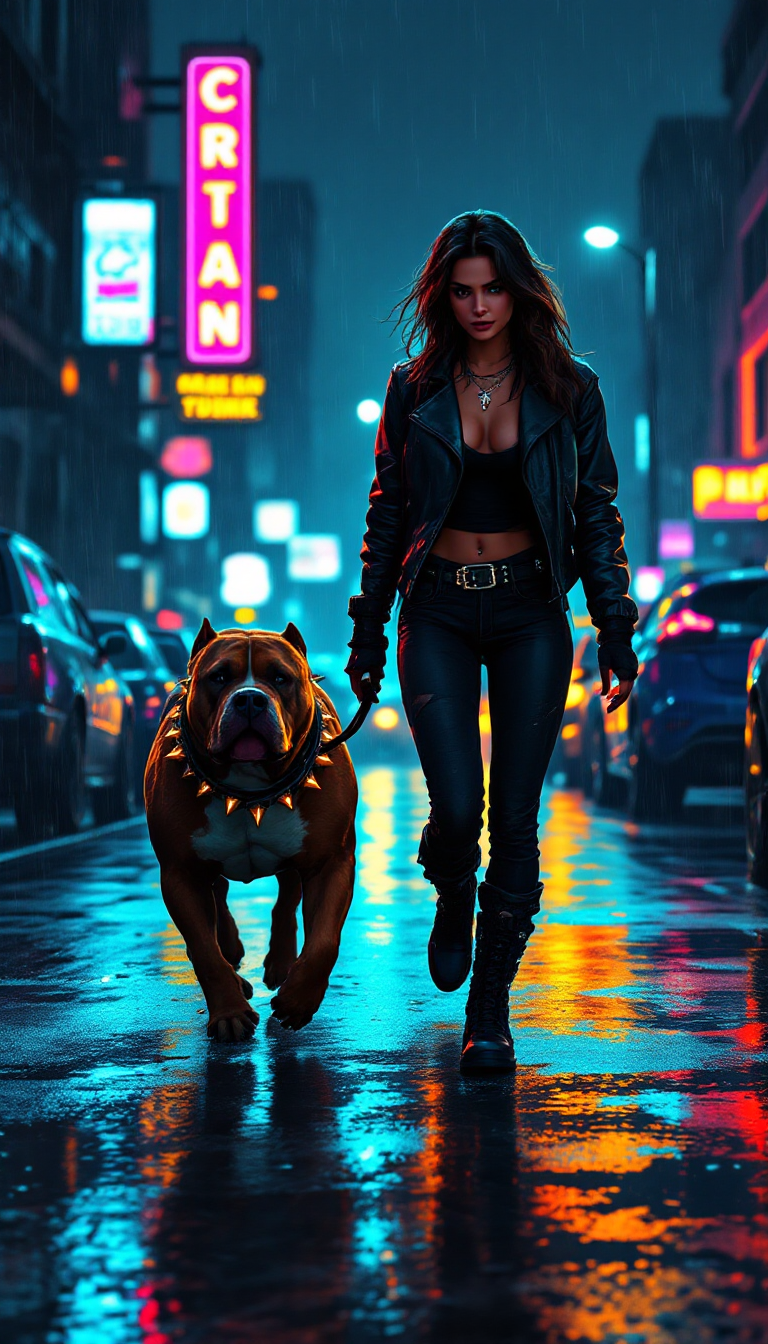 AI-generated GTA-style image of a woman in a leather jacket walking a pit bull with a spiked collar on a rainy neon-lit street lined with parked cars.
