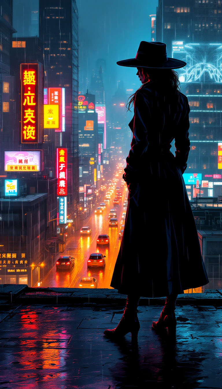 AI-generated GTA-style image of a woman in a trench coat and wide-brimmed hat standing on a rainy rooftop, lit by neon signs, overlooking city traffic below.