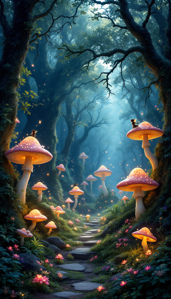 A magical forest digital art piece featuring glowing mushrooms and tiny fairies in an enchanting scene.