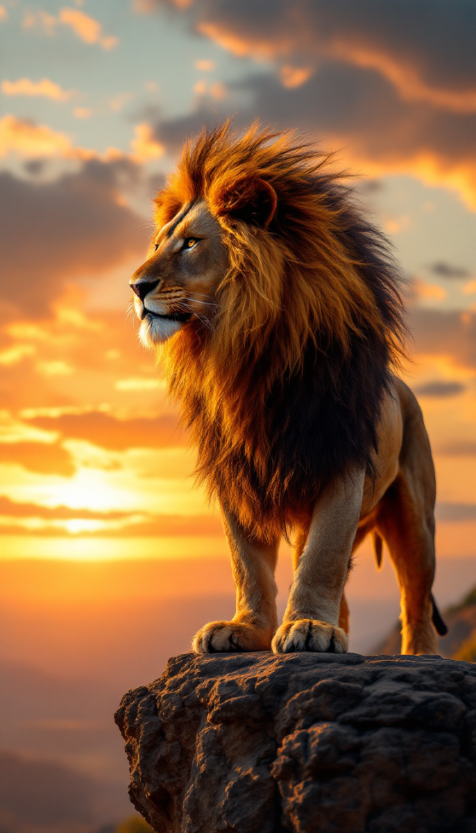 A majestic lion digital art scene standing on a cliff at sunset with the wind flowing through its mane.