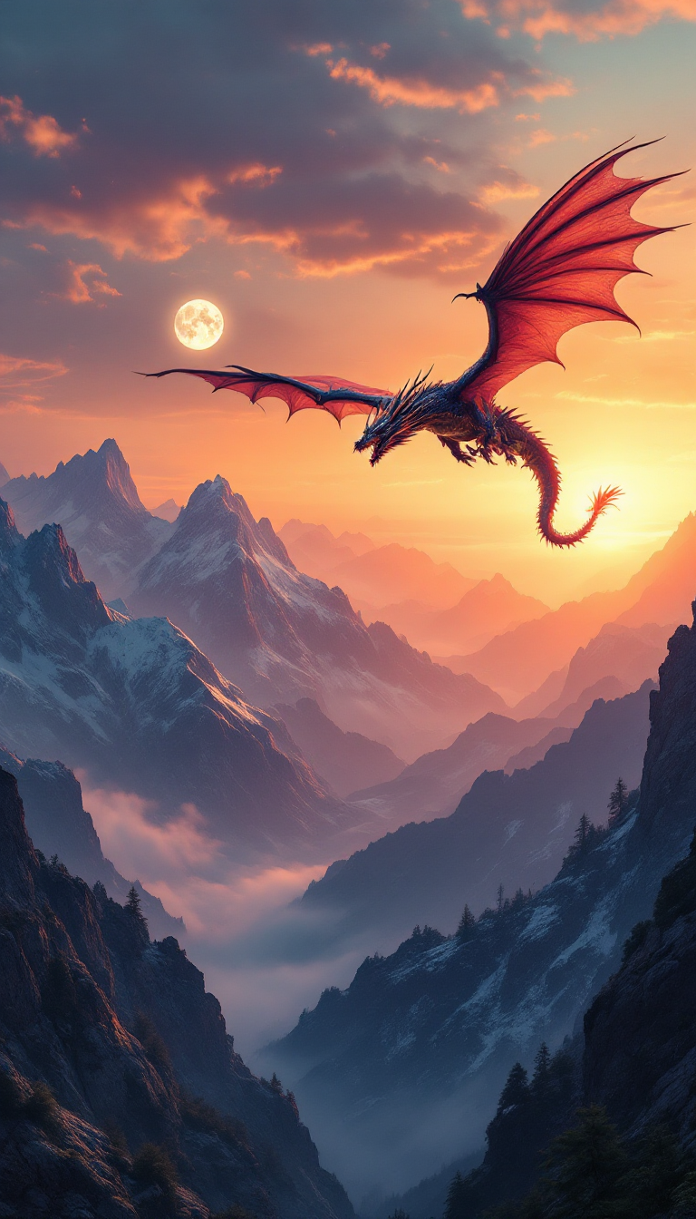 AI-generated mobile wallpaper of a dragon soaring over a mountain range at sunset, with a glowing moon in the distance.