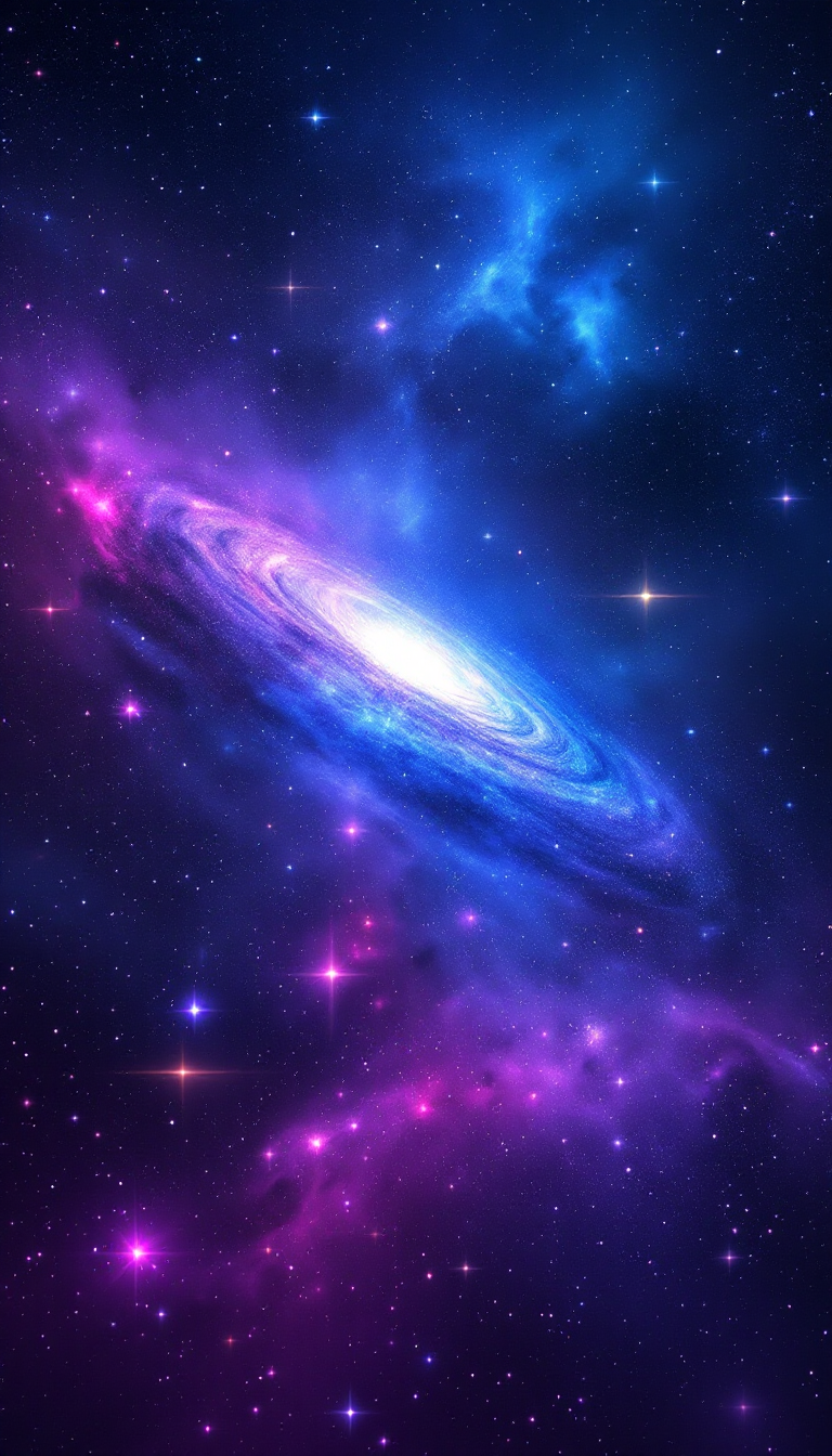 AI-generated mobile wallpaper of a galaxy glowing in purple and blue, featuring shimmering stars and a meteor shower in the background.