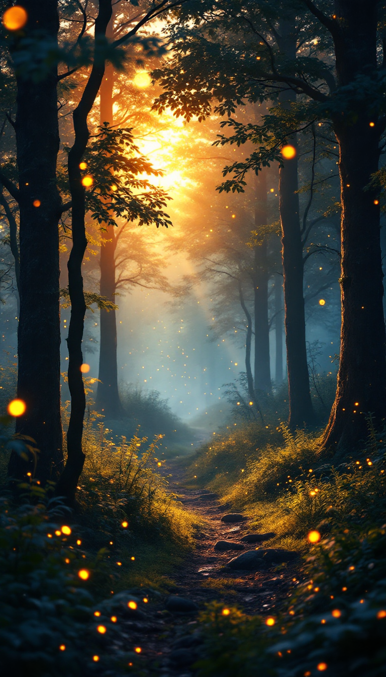 AI-generated mobile wallpaper of a magical forest at dusk, with glowing fireflies and mist rolling through the trees.
