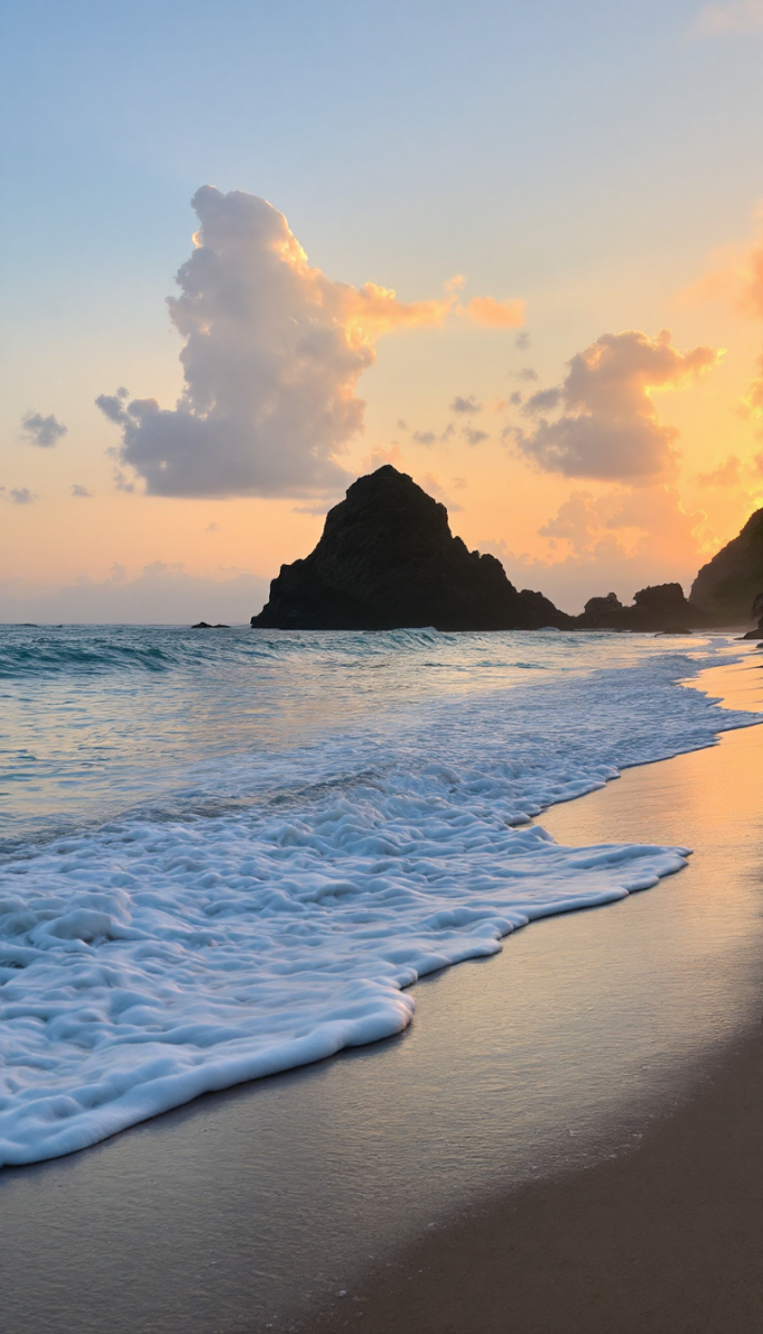 A peaceful beach digital art scene at sunrise, showcasing soft waves and golden hues over the horizon.