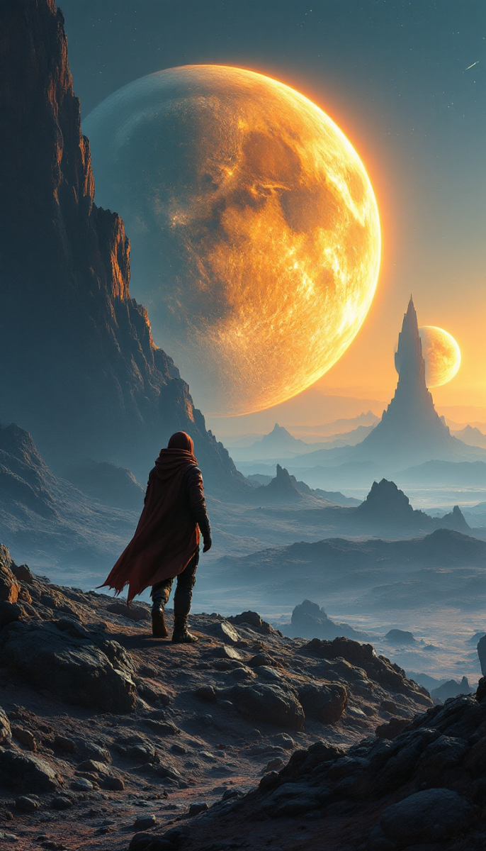 A sci-fi digital art scene of a character exploring an alien planet with two moons glowing in the background.
