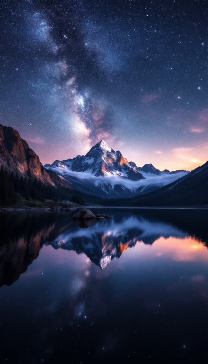 A serene mountain lake digital art scene beneath a starry night sky, reflecting the tranquil beauty of nature.