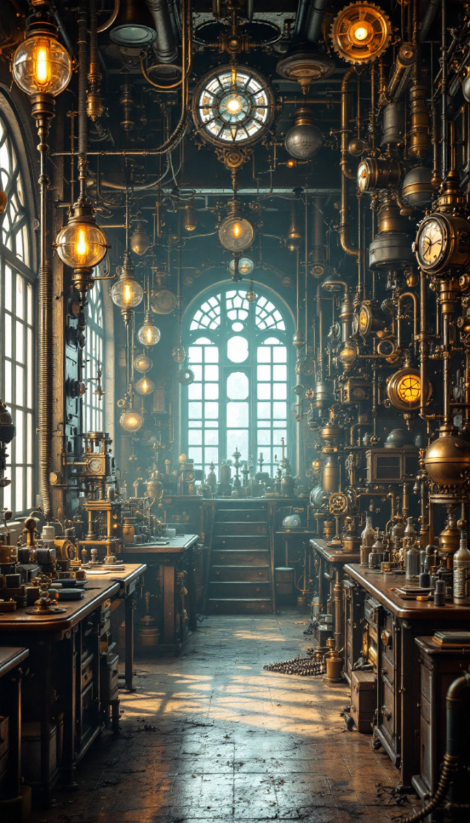 A steampunk laboratory digital art piece showcasing intricate gears, gadgets, and a vintage mechanical ambiance.