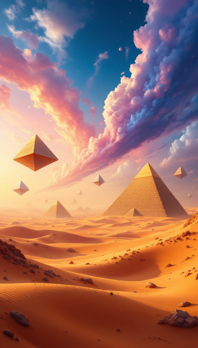 A surreal desert digital art scene featuring floating pyramids and a sky painted with vibrant, colorful hues.