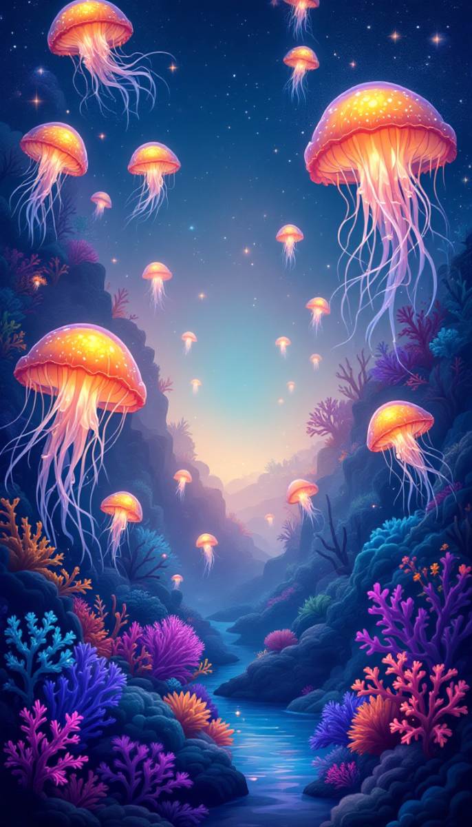 A whimsical underwater digital art scene featuring glowing jellyfish and vibrant coral reefs in a magical ocean setting.